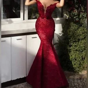 Tarik Ediz Dresses | Lace Accented Plunging Off-Shoulder Mermaid Dress Small/4 | Color: Red | Size: 4 | Mbgirl21'S Closet